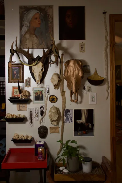 Photo inside Destiny's studio full of little things she collects, Skulls, artifacts, paintings, etc