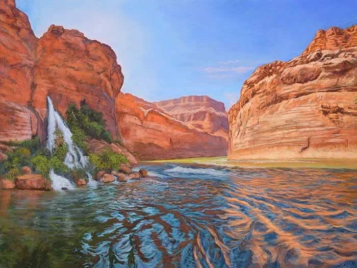 Beautiful Canyons of rich rock colors and a quiet waterfall into the river flowing through painted by Stephanie Burke.