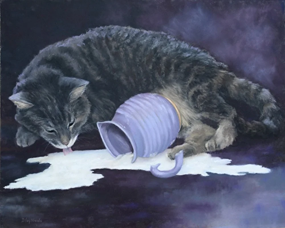 Grey stripped Cat lapping up milk from a spilled lavender creamer by Debbie Hughbanks