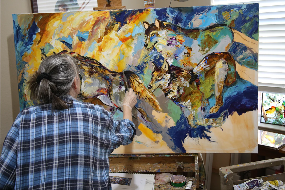 Artist at work...Commissioned painting 40 x 60 inches of wolves and thick buttery Holbein Duo Oil. I have used them since 1997.